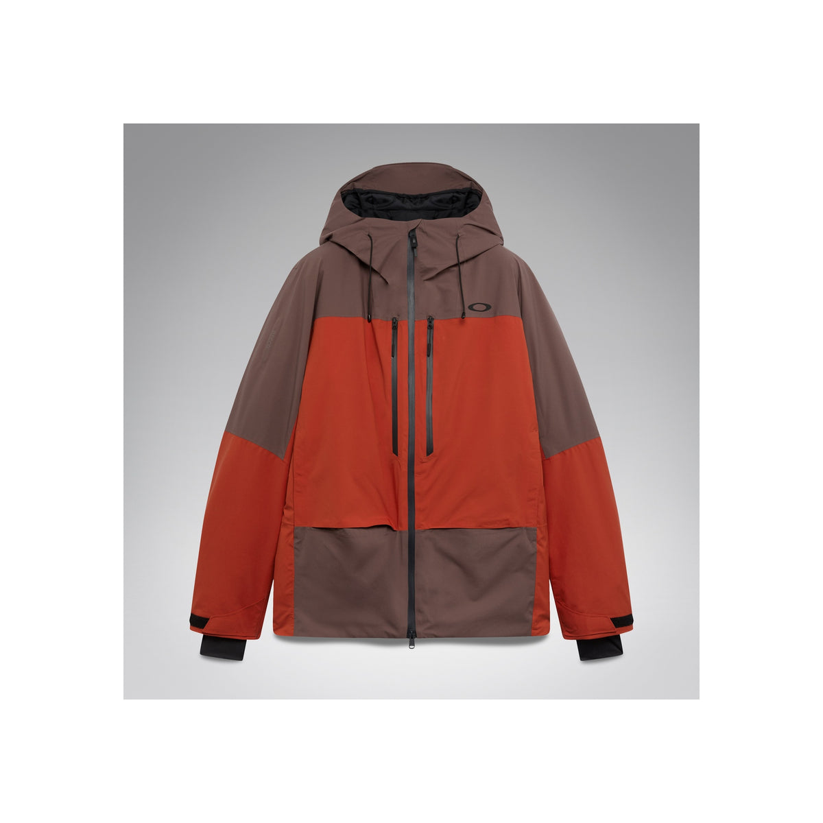 Heren ski-jas met capuchon in bruin en oranje kleurblok design met ritssluiting en zakken