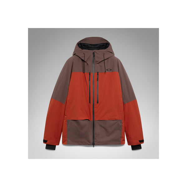 Heren ski-jas met capuchon in bruin en oranje kleurblok design met ritssluiting en zakken