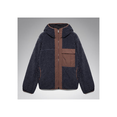 Donkerblauwe sherpa fleece jas met bruine details en capuchon voor heren