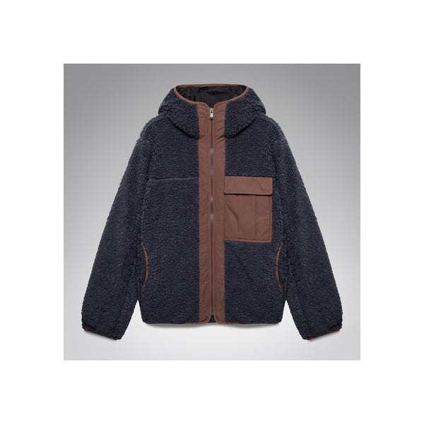Donkerblauwe sherpa fleece jas met bruine details en capuchon voor heren