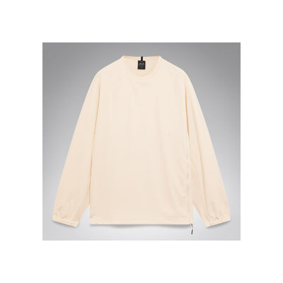 Crèmekleurige longsleeve shirt met ronde hals, achterkant weergave op grijze achtergrond