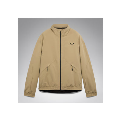 Beige Oakley bomberjack met rits en twee zakken, vooraanzicht op grijze achtergrond