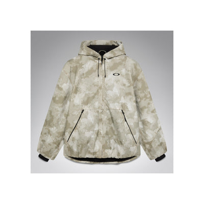 Beige camouflage winterjas met capuchon en ritssluiting, voorzijde weergave