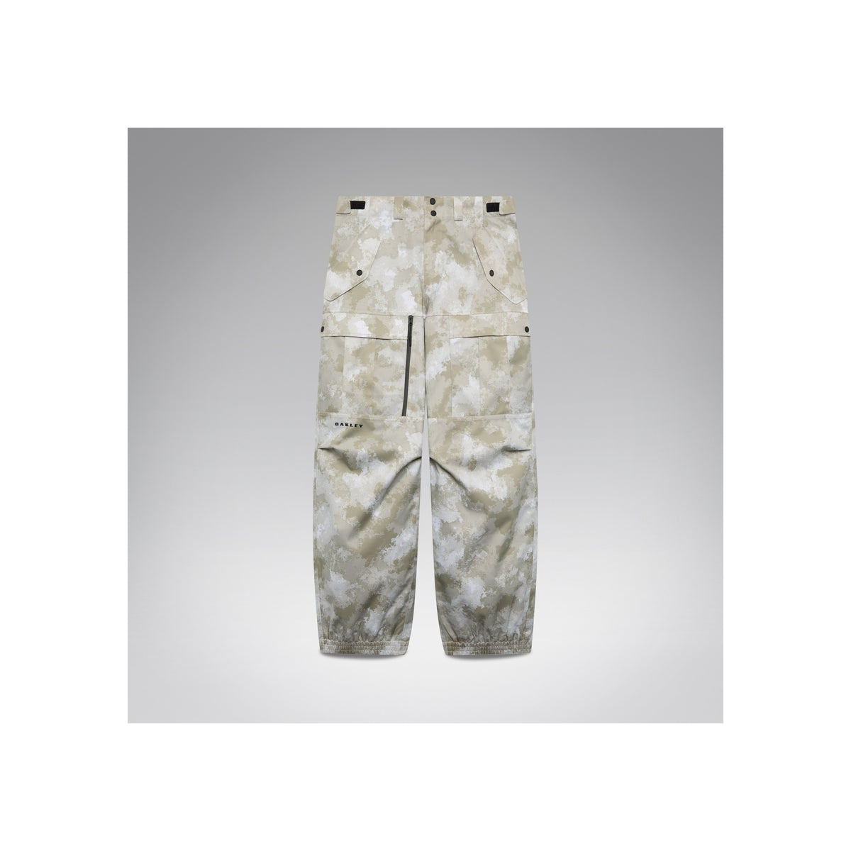 Witte camouflage cargobroek met ritssluiting en zakken, plat gefotografeerd op grijze achtergrond