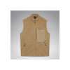 Beige fleece bodywarmer met rits, contrasterende zak en gemerkte details op grijze achtergrond