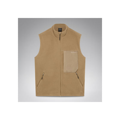 Beige fleece bodywarmer met rits, contrasterende zak en gemerkte details op grijze achtergrond