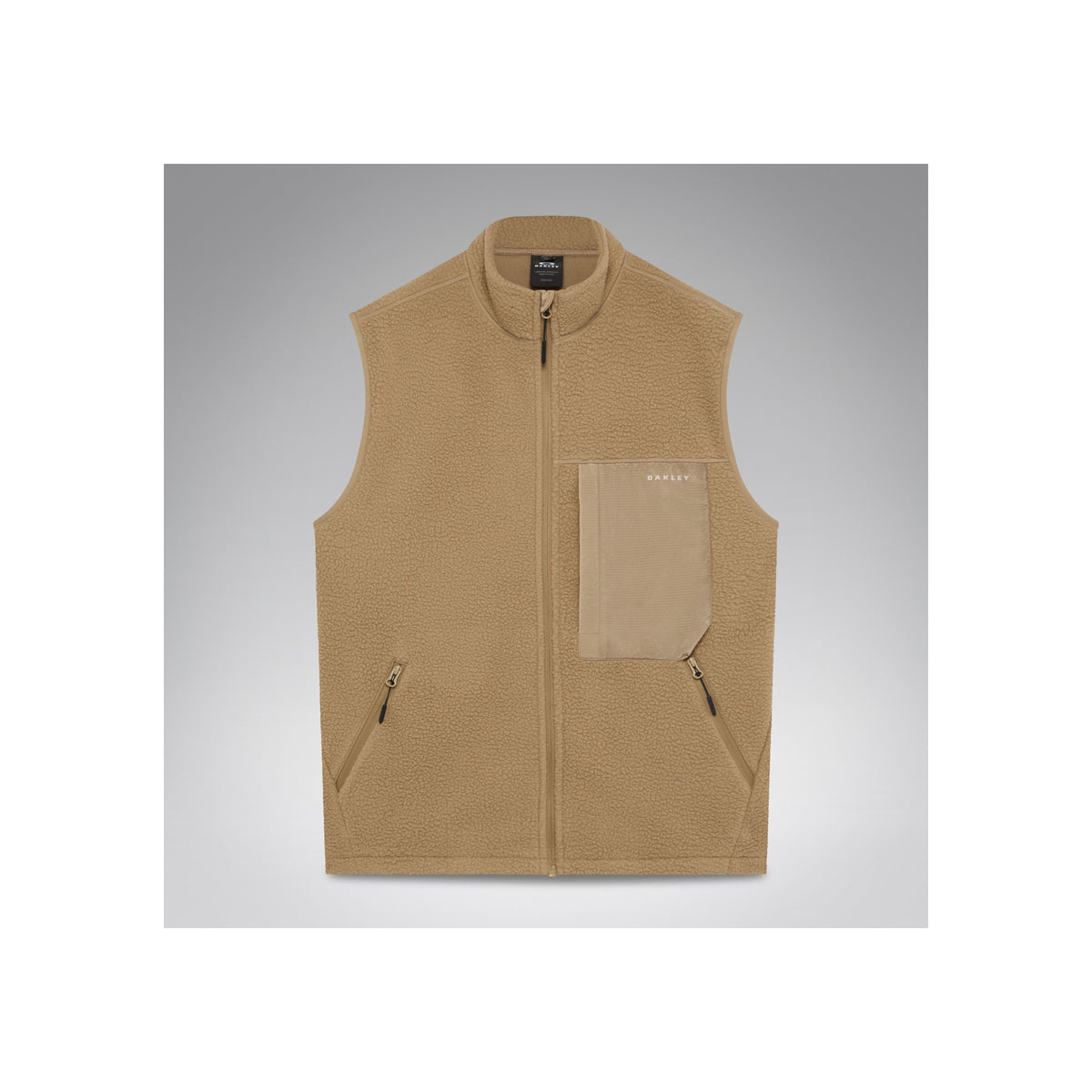 Beige fleece bodywarmer met rits, contrasterende zak en gemerkte details op grijze achtergrond