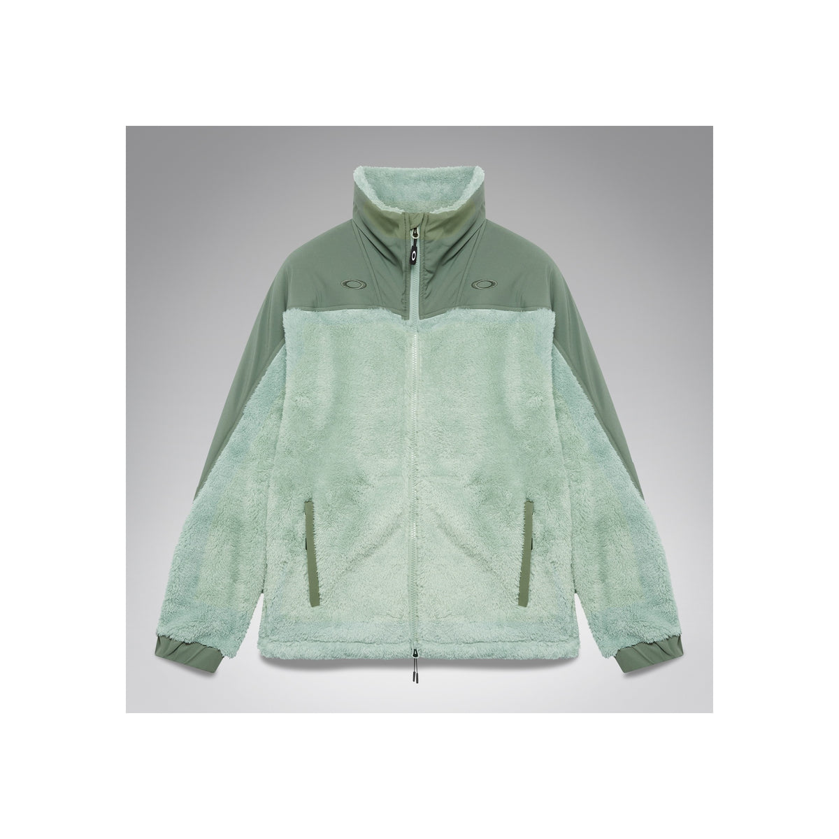 Mintgroene fleece jack met ritssluiting en twee zakken, tweekleurig design met donkergroene accenten