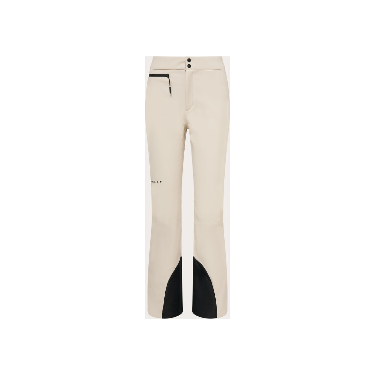 Beige dames skibroek met zwarte versteviging aan de onderkant en ritssluiting