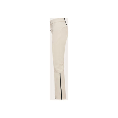 Beige damesbroek met zwarte bies aan de zijkant en ritssluiting aan de onderkant