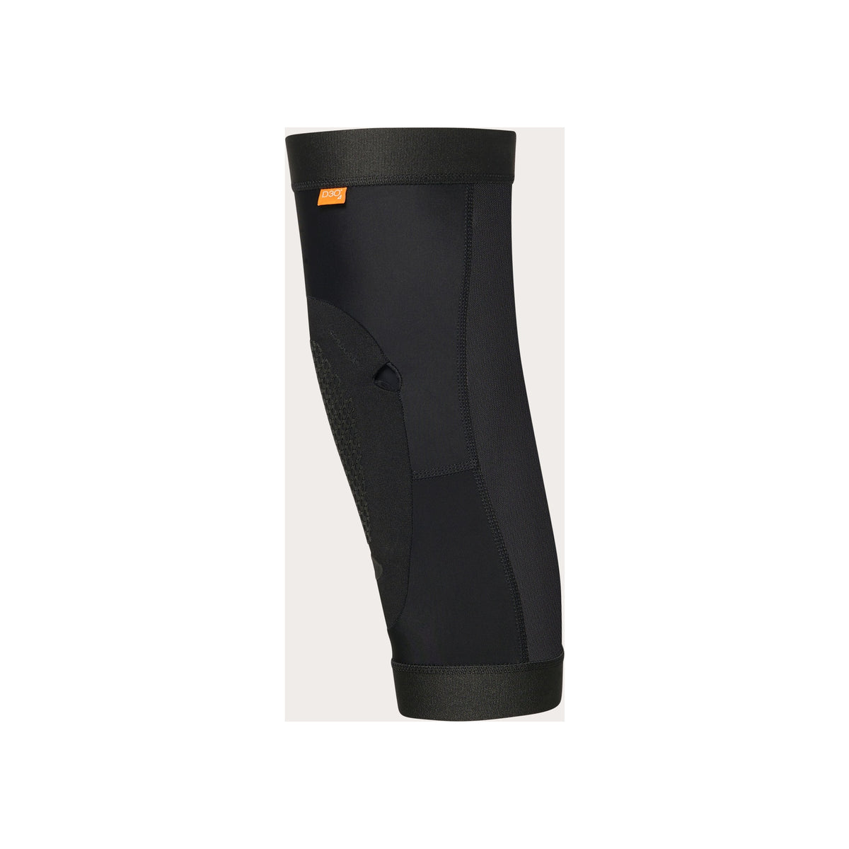 Zwarte knie- en scheenbeenbeschermer voor fietsen met oranje label, zijwaarts gefotografeerd
