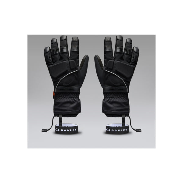 Oakley zwarte ski handschoenen met reflecterende details en polsriempjes, vooraanzicht paar