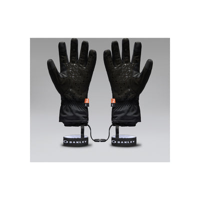 Zwarte Oakley winterhandschoenen met antislip grip en polsbandje, vooraanzicht op grijze achtergrond
