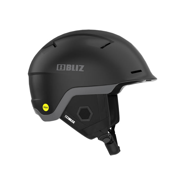 Zwarte Curitz ski- en snowboardhelm met verstelbare kinband en ventilatie, zijaanzicht