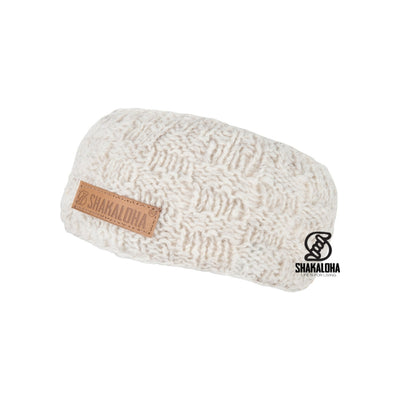 Shakaloha witte gebreide hoofdband met visgraatpatroon en leren label