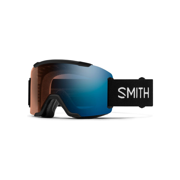 Smith skibril met zwart frame en blauwe spiegellens, premium snowboardbril voor wintersport