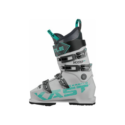 Witte dames skischoen met vier gespen en turquoise accenten, zijaanzicht