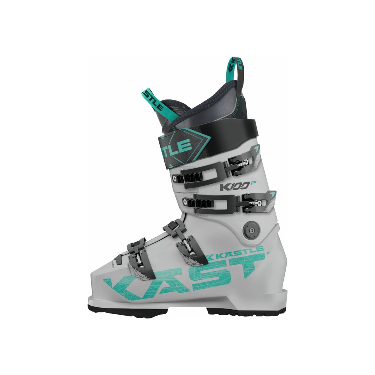 Witte dames skischoen met vier gespen en turquoise accenten, zijaanzicht