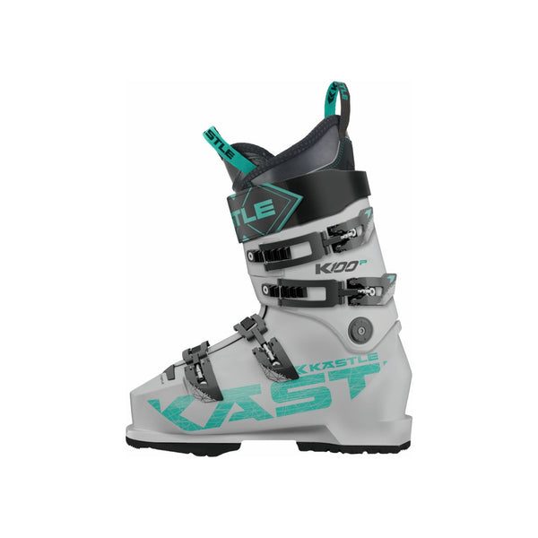 Witte dames skischoen met vier gespen en turquoise accenten, zijaanzicht