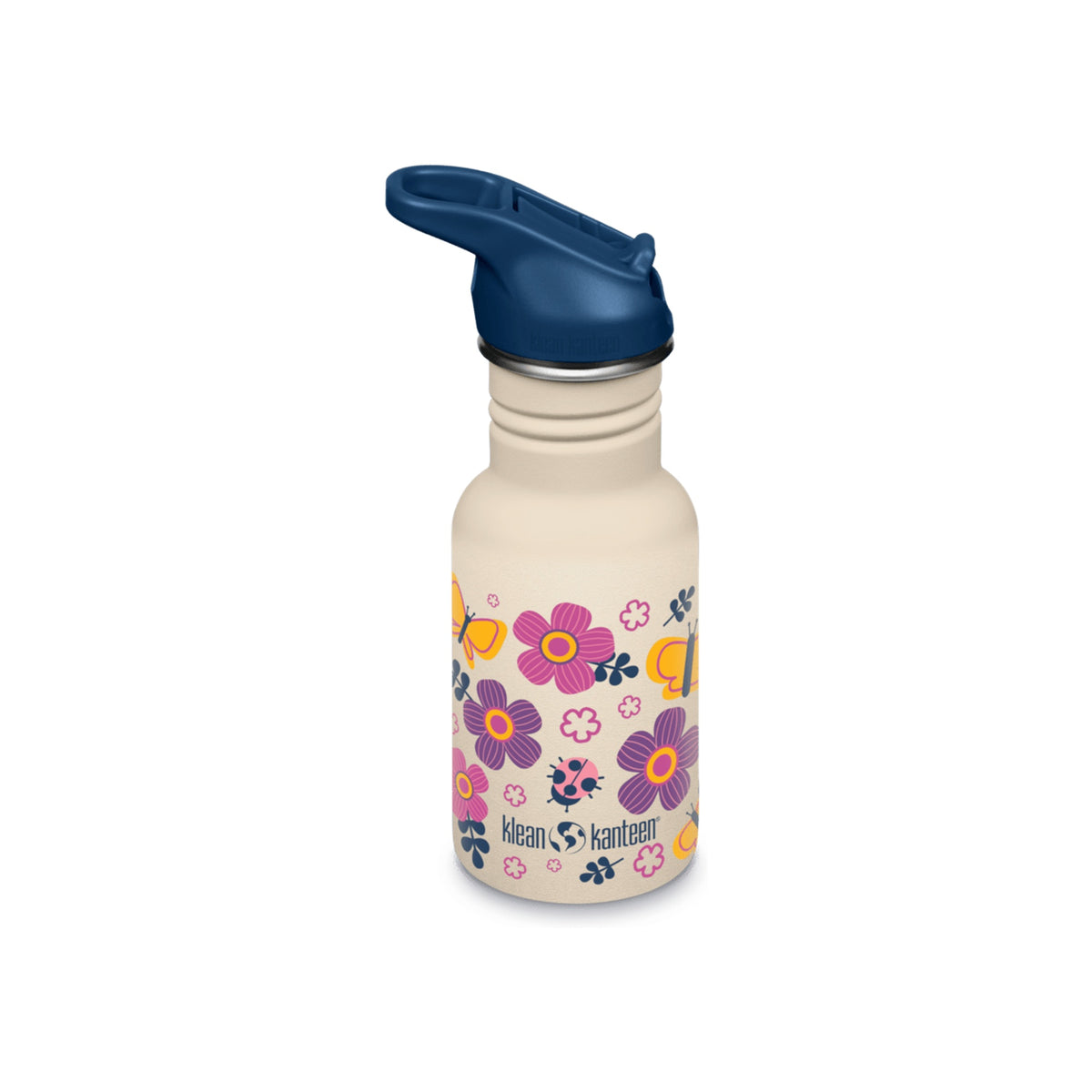 Klean Kanteen drinkfles 355ml crème met bloemenprint en blauwe sportdop voor kinderen