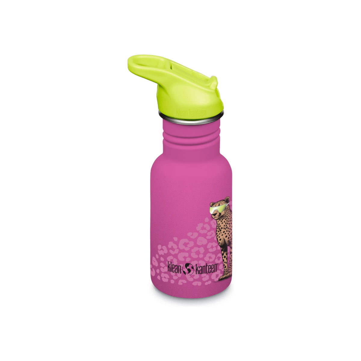 Roze drinkfles voor kinderen met groene sportdop en luipaardprint - 355ml roestvrijstalen waterfles