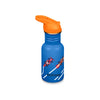 Blauwe drinkfles met oranje drinktuit en ruimteschip decoratie voor kinderen