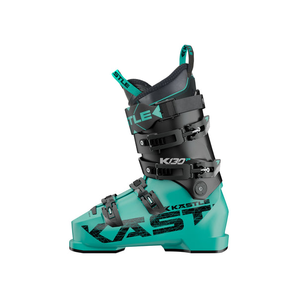 Turquoise ski-boot met zwarte manchet en vier gespen voor dames - alpine skischoenen