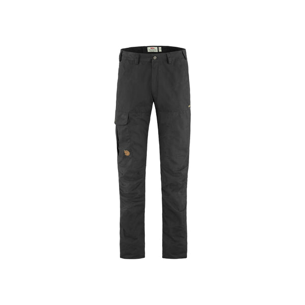 Grijze outdoor broek met zakken en Fjällräven logo, ideaal voor wandelen en outdoor activiteiten