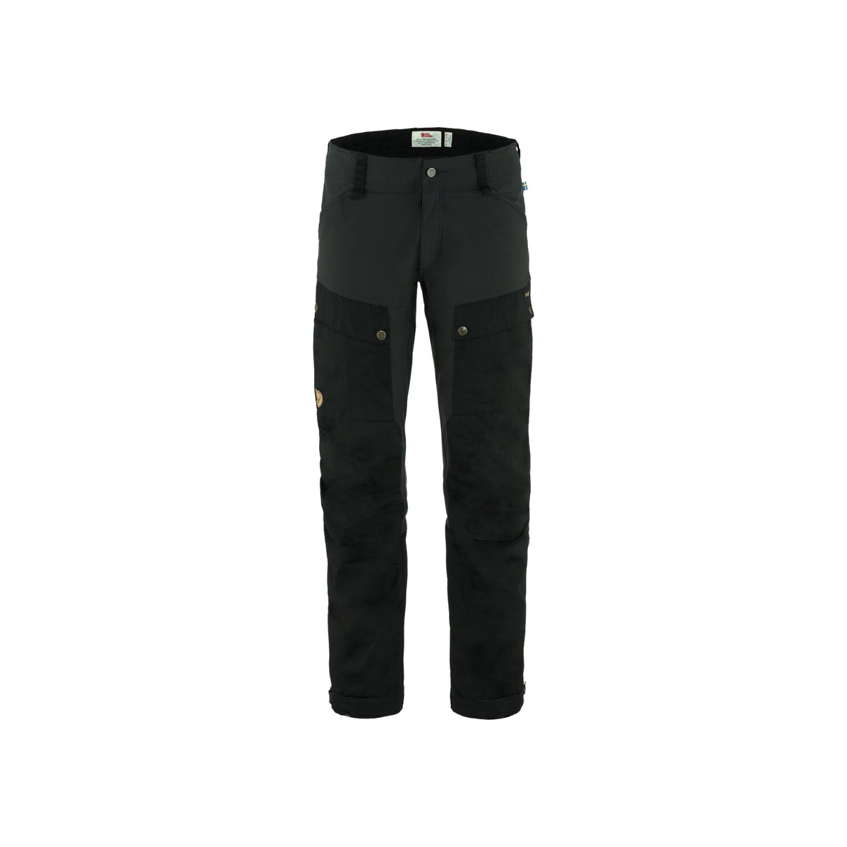 Zwarte outdoor broek met zakken en drukknopen, duurzame trekkingbroek voor heren