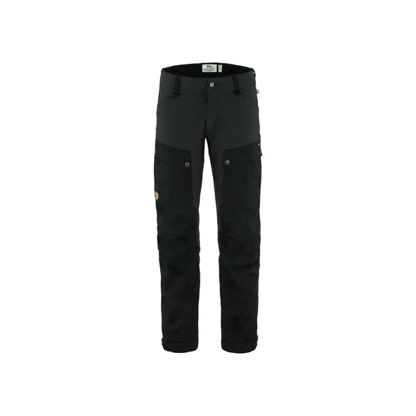 Zwarte outdoor broek met zakken en drukknopen, duurzame trekkingbroek voor heren