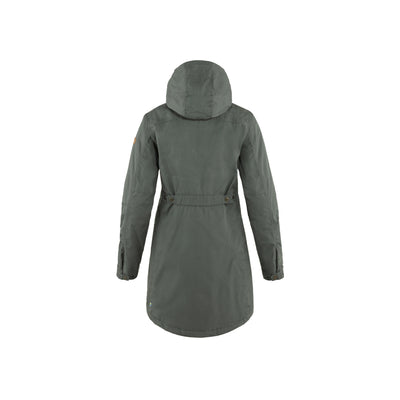 Dames parka jas in legergroen met capuchon en taillekoord - achterkant
