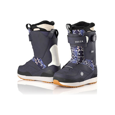 Secca dames snowboardlaarzen in donkerblauw met bloemenprint, leren handvat en beige zool