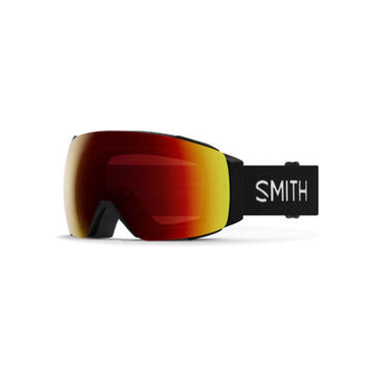 Smith snowboardbril met rode spiegellens en zwart montuur met verstelbare hoofdband