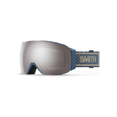 Smith skibril met blauwe frame en spiegelende lens, zijdelings getoond