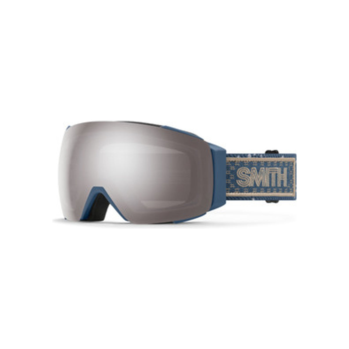 Smith skibril met blauwe frame en spiegelende lens, zijdelings getoond