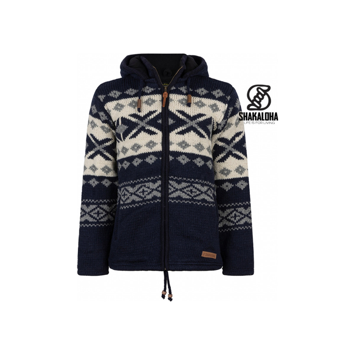 Shakaloha marineblauw gebreid vest met capuchon en nordic patroon in beige en wit