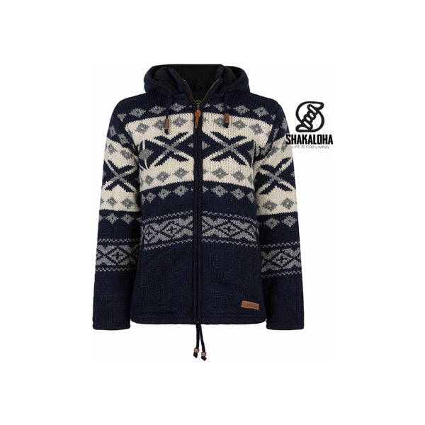 Shakaloha marineblauw gebreid vest met capuchon en nordic patroon in beige en wit