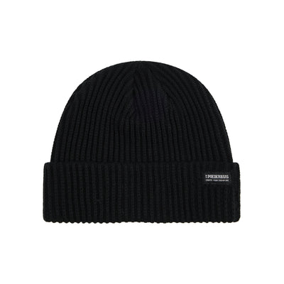 Zwarte geribbelde beanie muts met omgeslagen rand en label