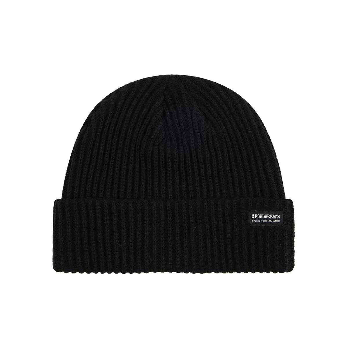 Zwarte geribbelde beanie muts met omgeslagen rand en label