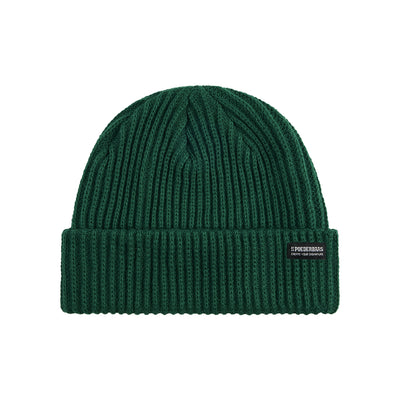 Donkergroene geribbelde beanie muts met omgevouwen rand en merklogo