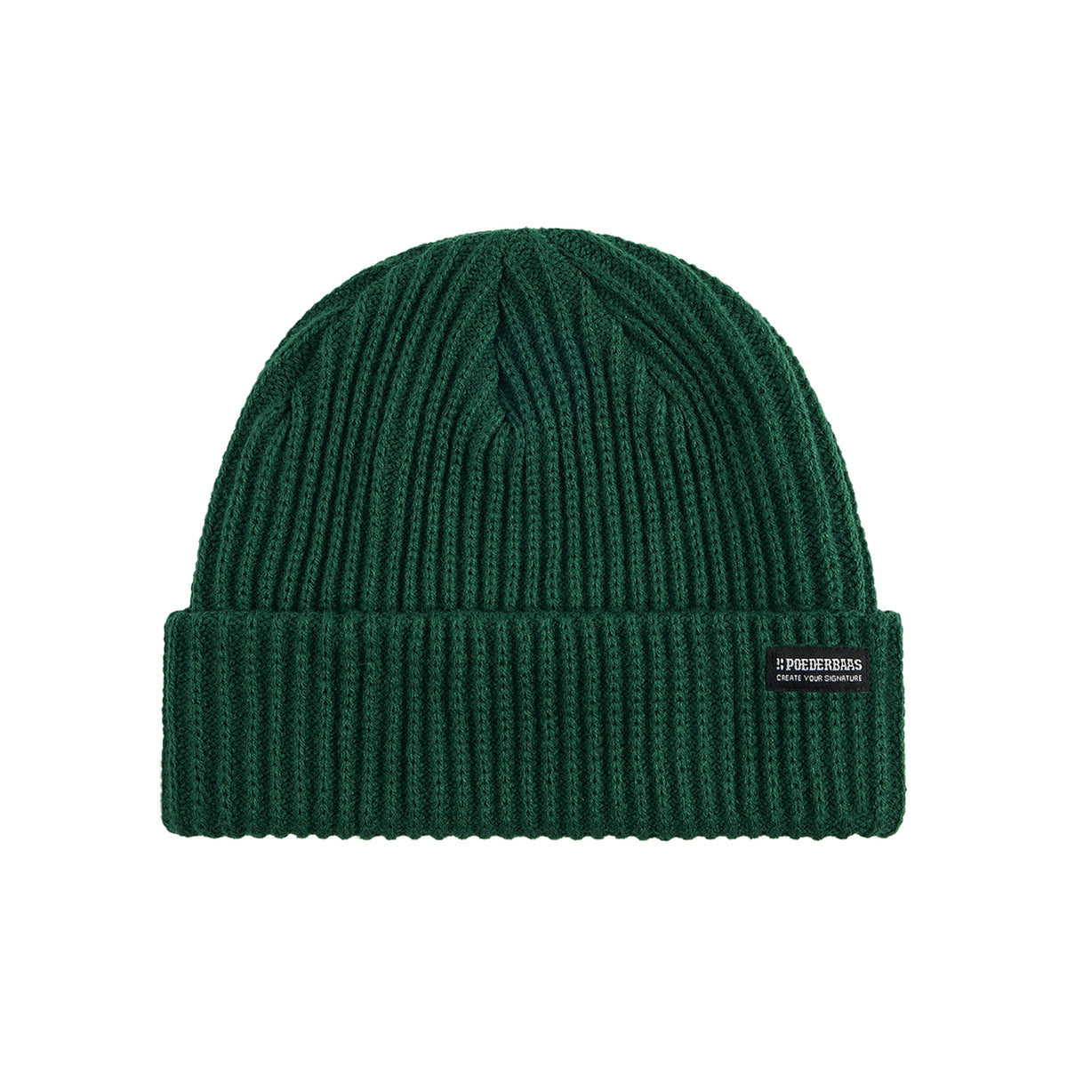 Donkergroene geribbelde beanie muts met omgevouwen rand en merklogo