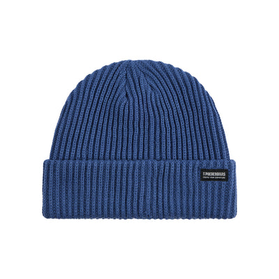 Blauwe geribbelde gebreide muts met merklogo label