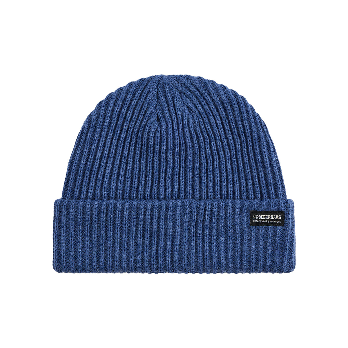 Blauwe geribbelde gebreide muts met merklogo label