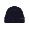 Donkerblauwe gebreide muts met omslag en merklogo, winteraccessoire
