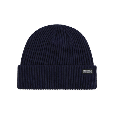 Donkerblauwe gebreide muts met omslag en merklogo, winteraccessoire