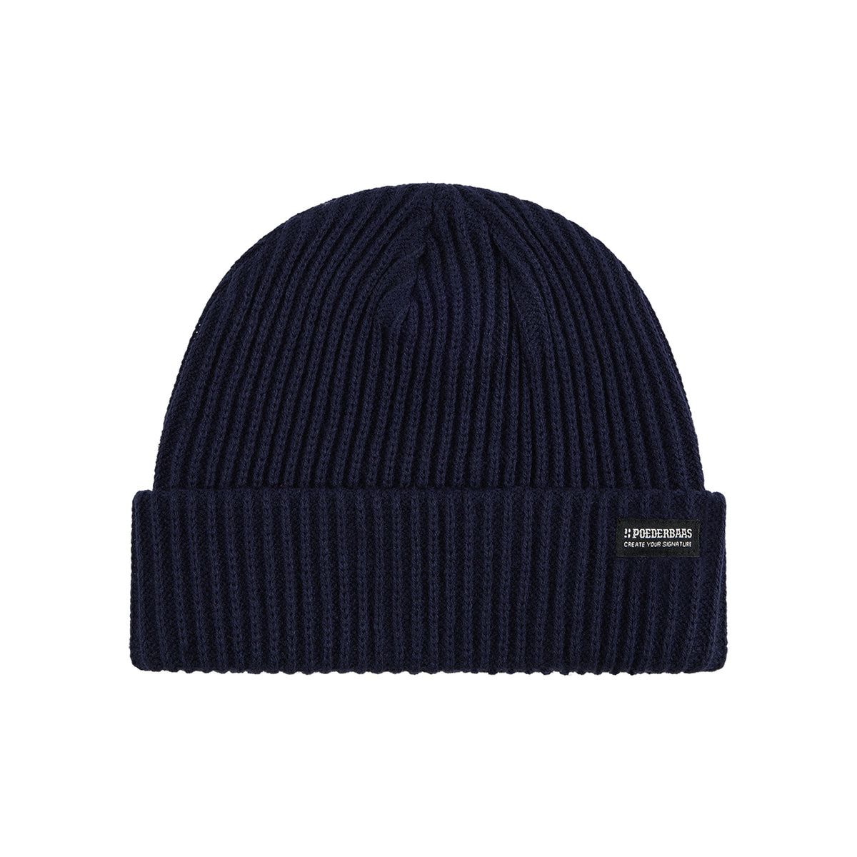 Donkerblauwe gebreide muts met omslag en merklogo, winteraccessoire