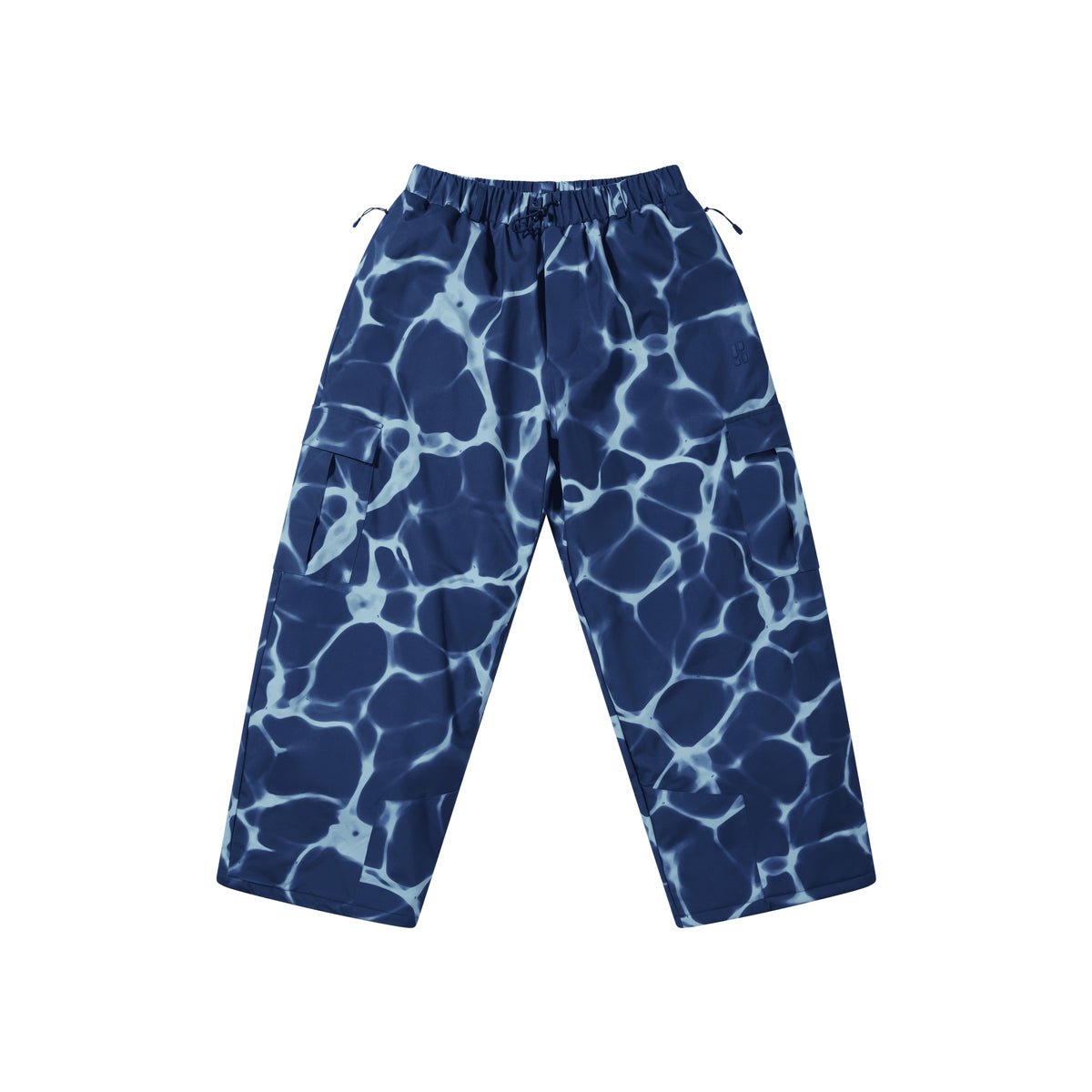 Blauwe kinderbroek met wit bliksemschicht patroon, elastische tailleband, losse pasvorm