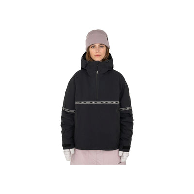 Zwarte dames ski-anorak met halve rits en capuchon, warme winterjas voor snowboarden