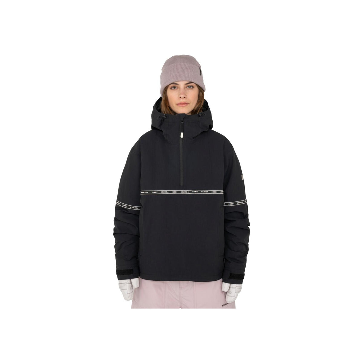 Zwarte dames ski-anorak met halve rits en capuchon, warme winterjas voor snowboarden