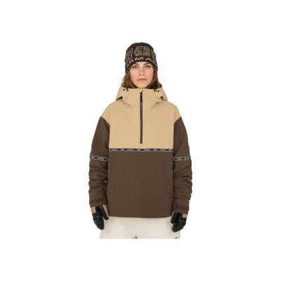 Beige en bruine heren ski-anorak met capuchon en halve rits, waterafstotende winterjas voor snowboarden